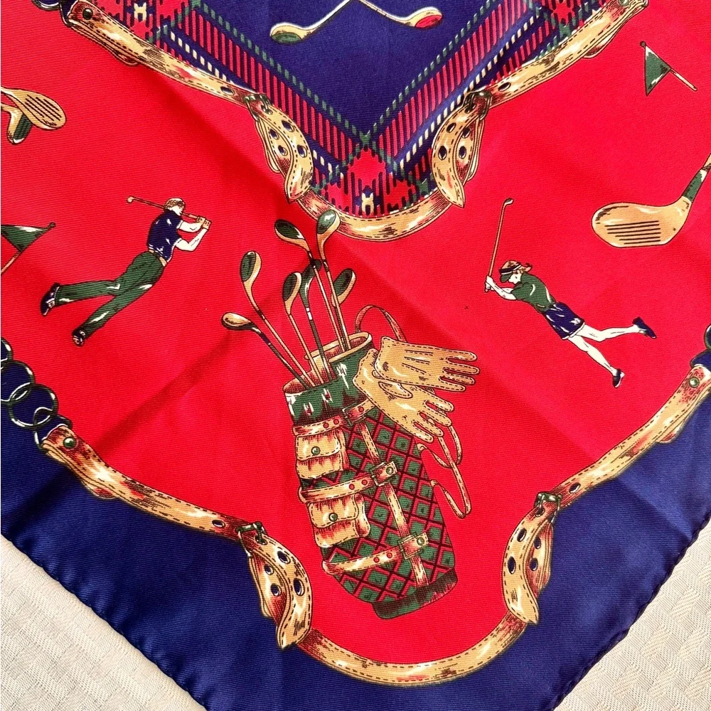 Vintage Golf Print Red &‎ Navy Plaid Scarf 32” Square Satiny Finish